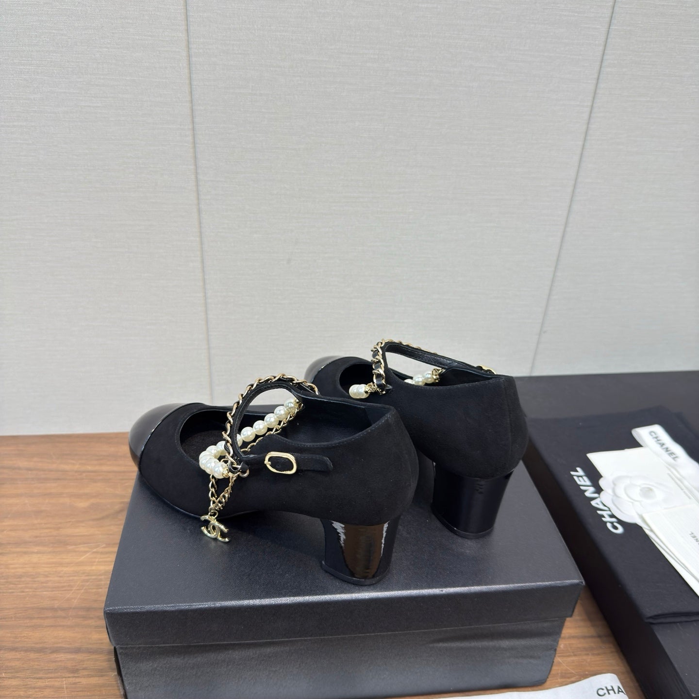 Chanel 25 Mary Jane Ankle Chain Pump Black Suede Cowhide 465599