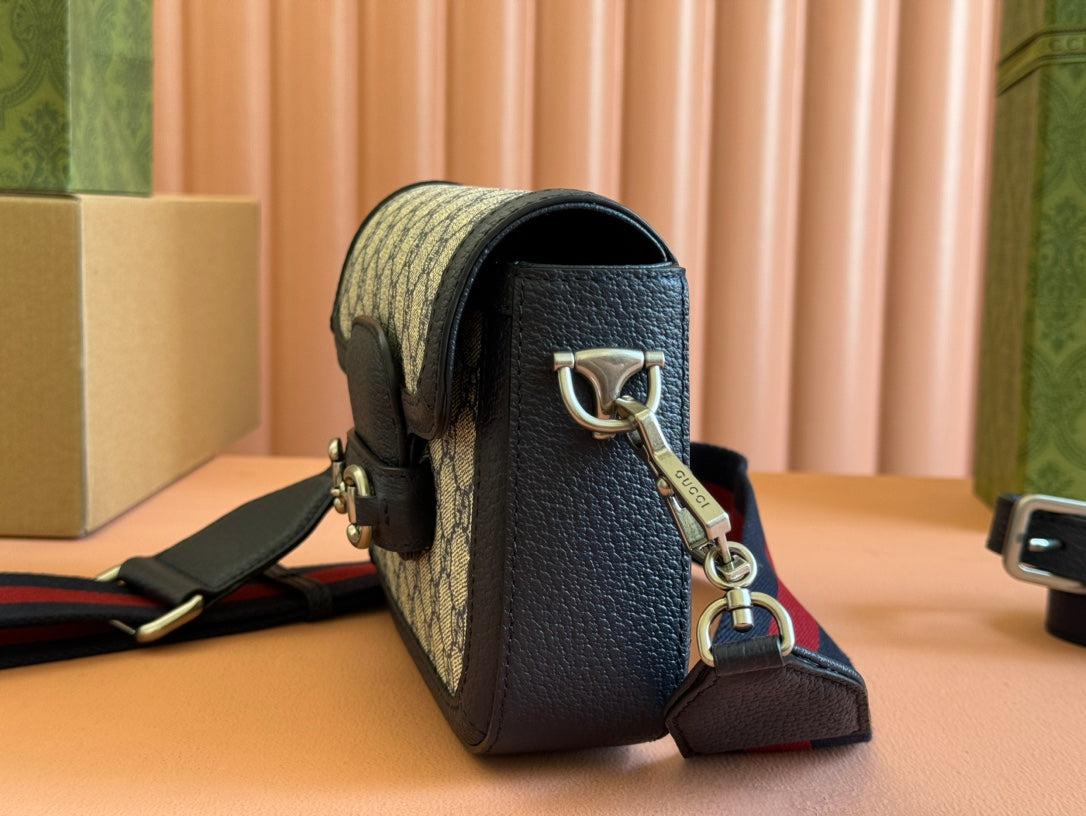 Gucci Horsebit Bag Ebony Blue Black  Leather Canvas 244258