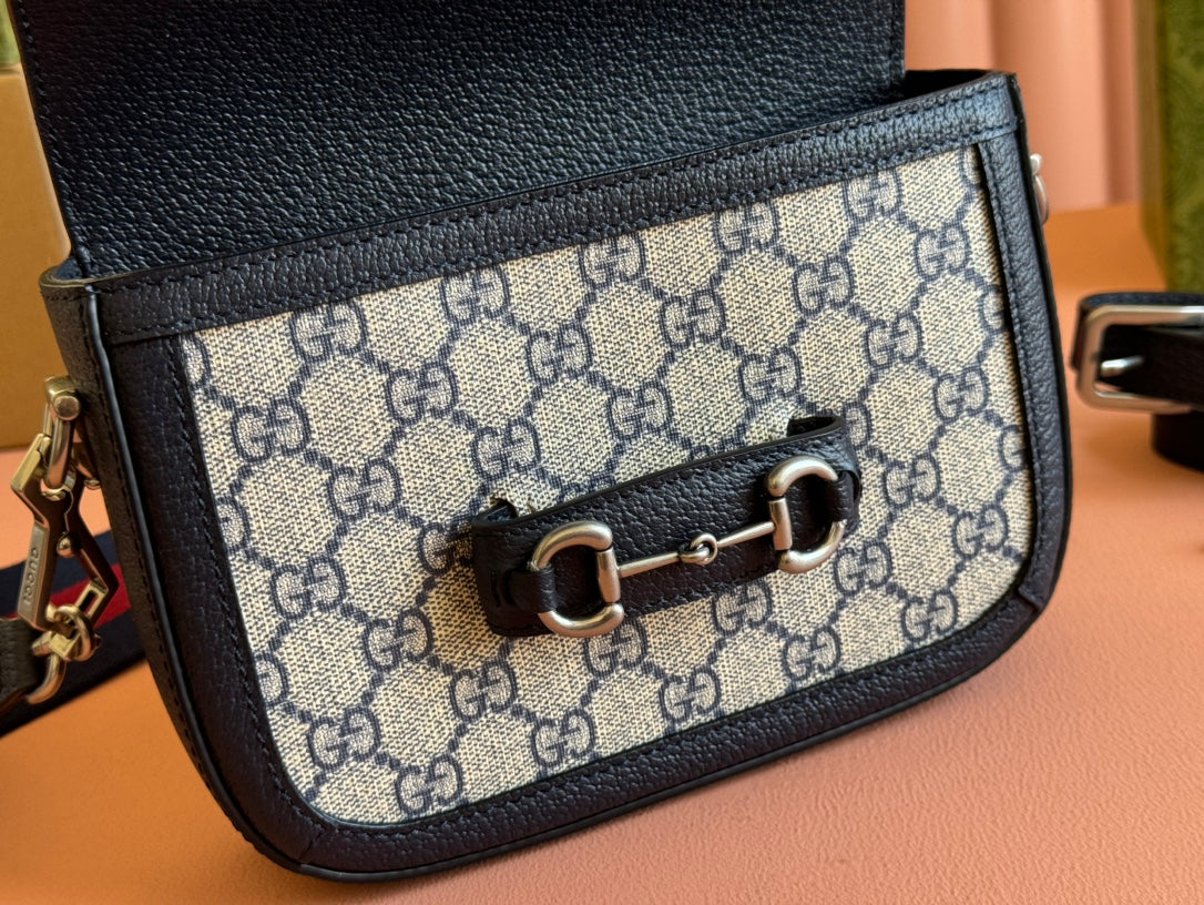 Gucci Horsebit Bag Ebony Blue Black  Leather Canvas 244258