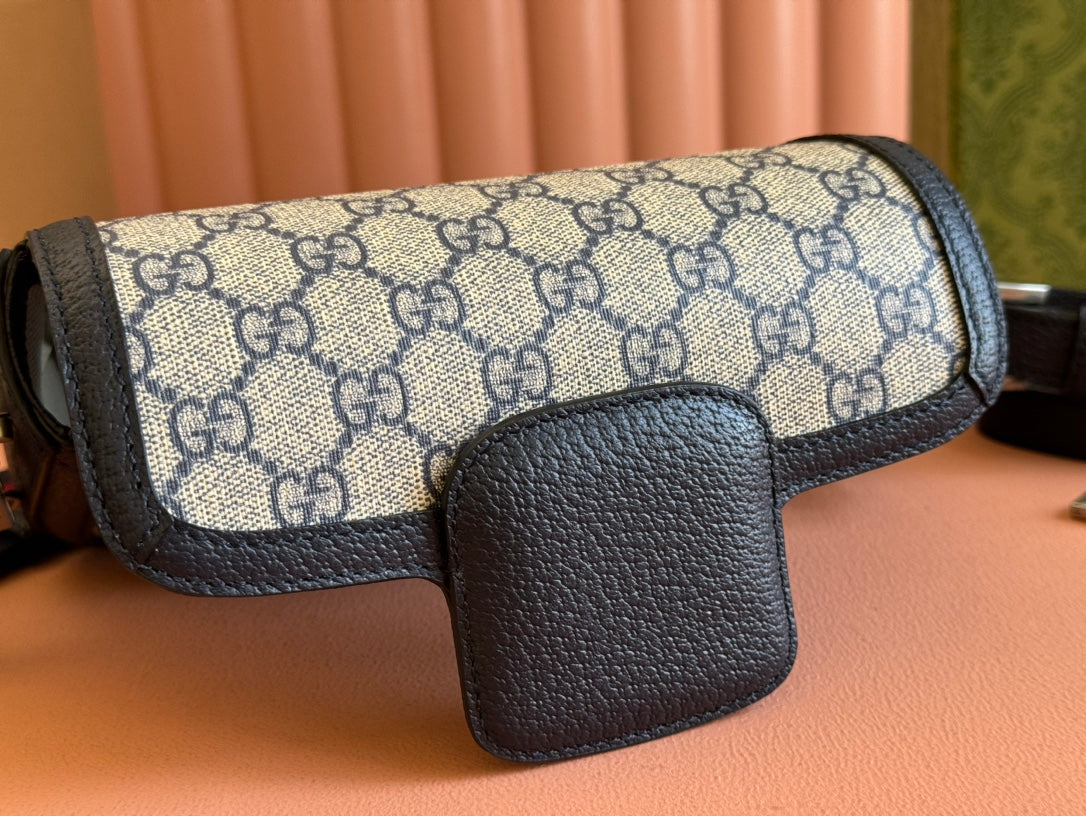 Gucci Horsebit Bag Ebony Blue Black  Leather Canvas 244258