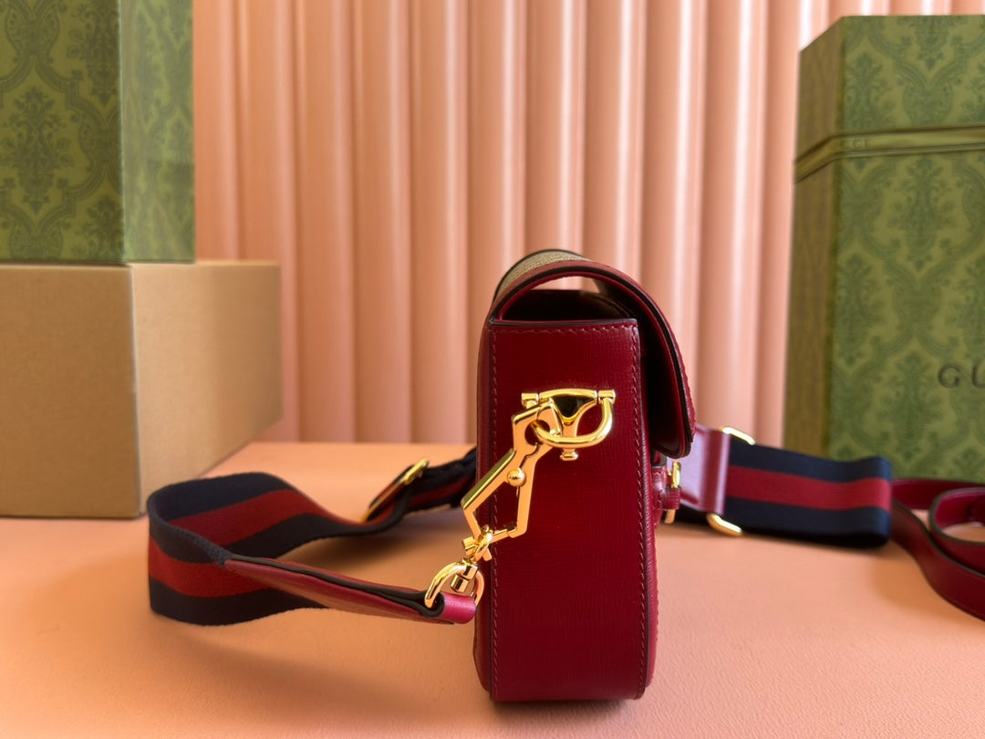 Gucci Horsebit Bag Ebony mix Rosso Ancora Red  Leather Canvas 244259