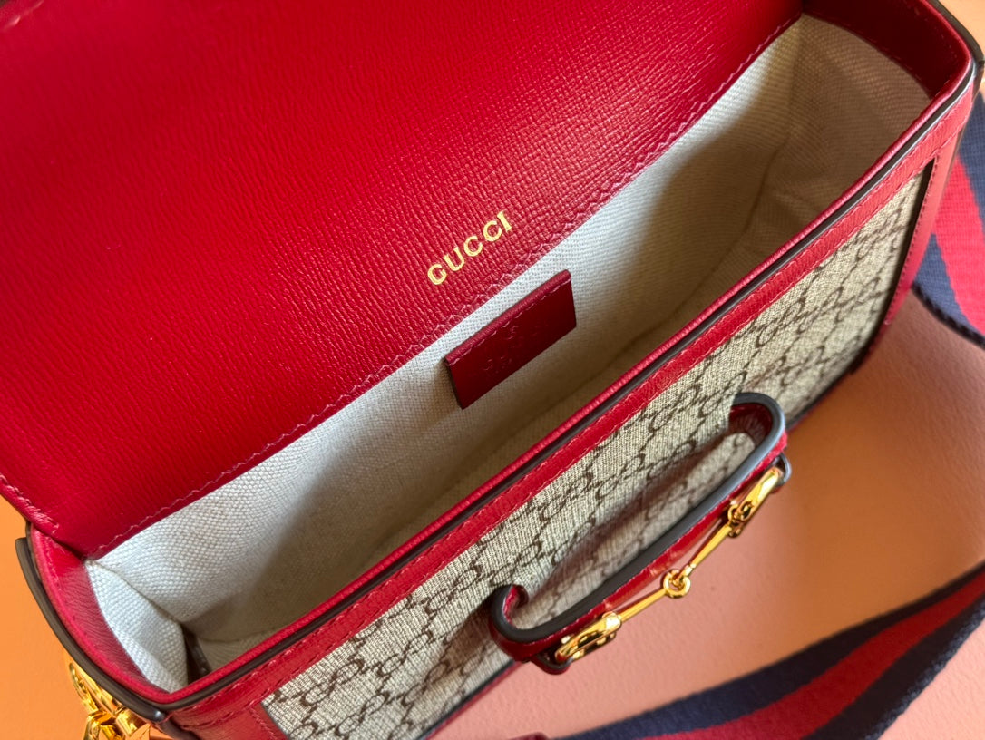 Gucci Horsebit Bag Ebony mix Rosso Ancora Red  Leather Canvas 244259