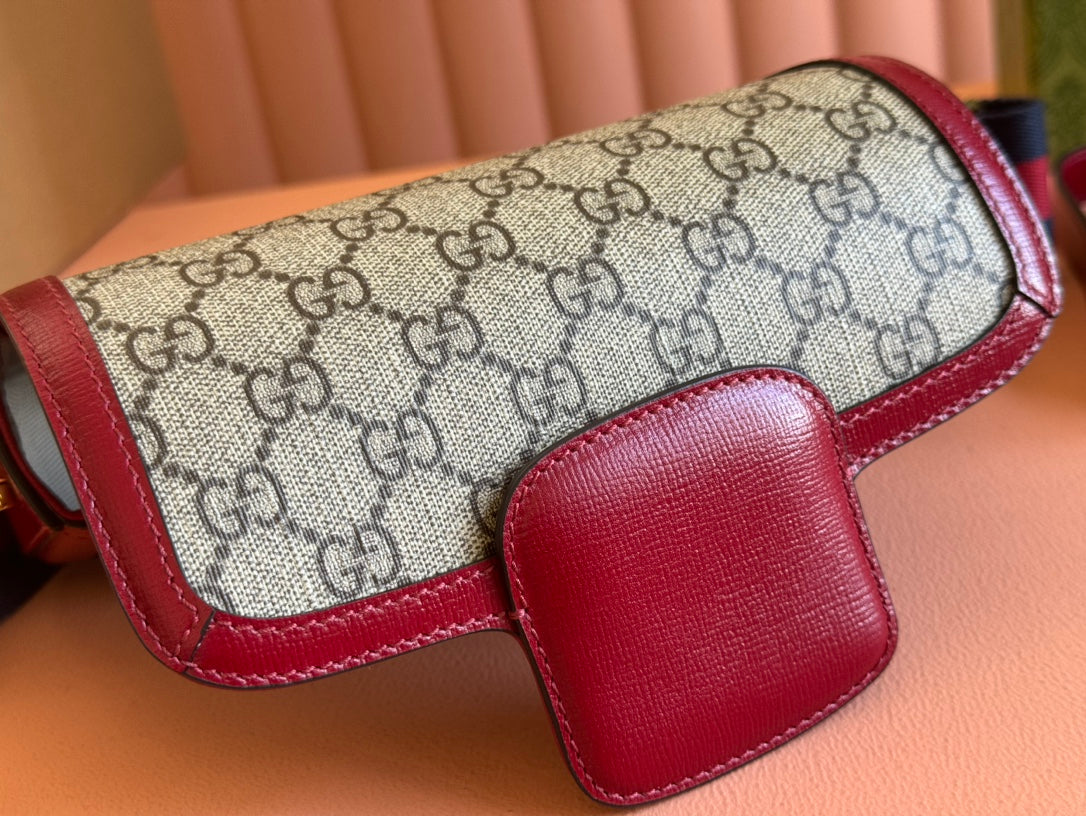 Gucci Horsebit Bag Ebony mix Rosso Ancora Red  Leather Canvas 244259