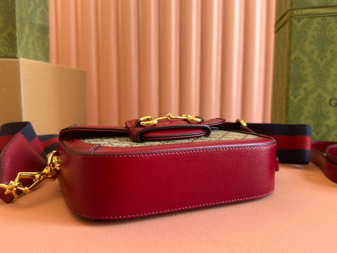 Gucci Horsebit Bag Ebony mix Rosso Ancora Red  Leather Canvas 244259