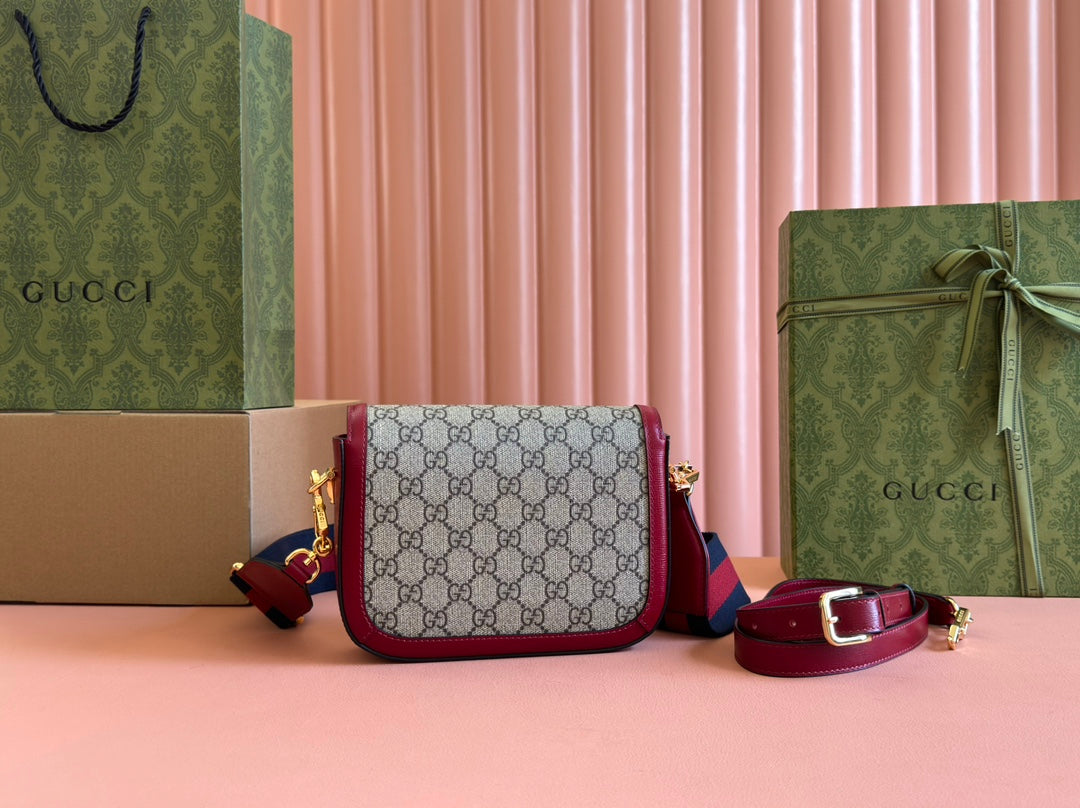 Gucci Horsebit Bag Ebony mix Rosso Ancora Red  Leather Canvas 244259
