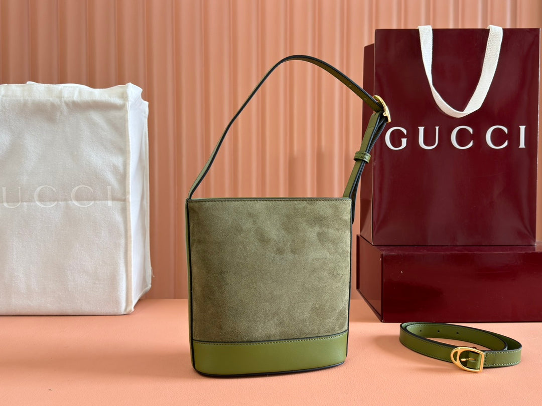 Gucci 73 Mini 20cm Bucket Bag Green Suede Leather 244449