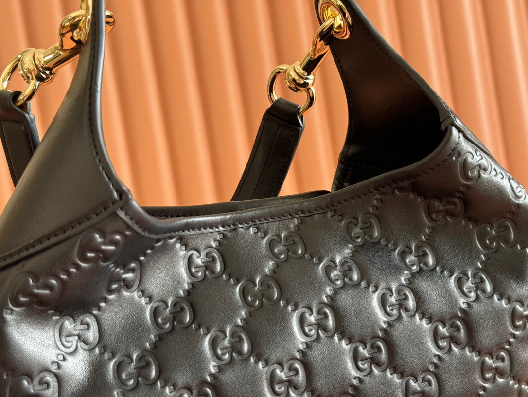 Gucci Body Double Lock Handbag Black Embossed Leather 248137