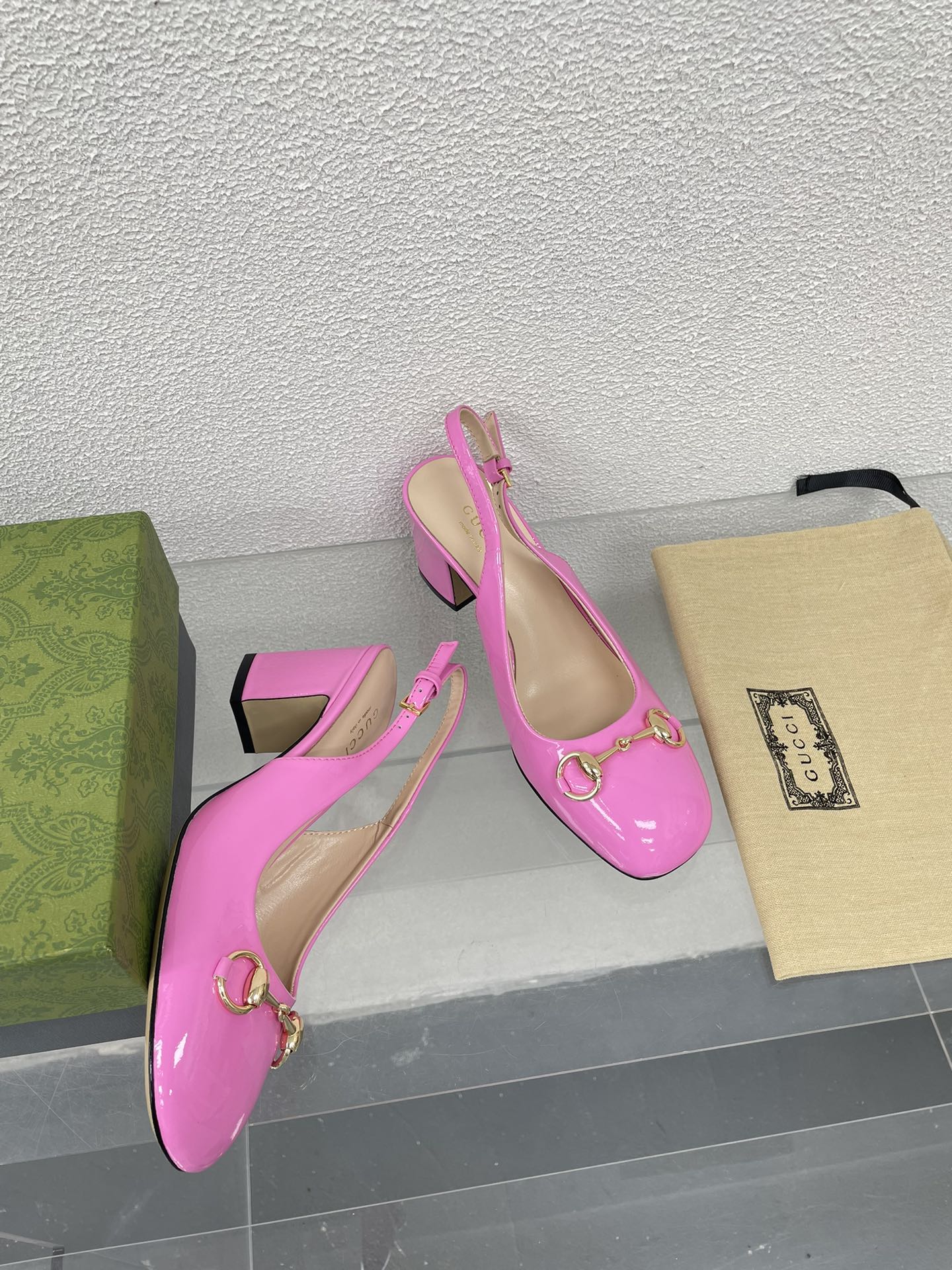 GG WOMEN'S HORSEBIT SLINGBACK 75MM IN FUSICA PINK CALFSKIN
