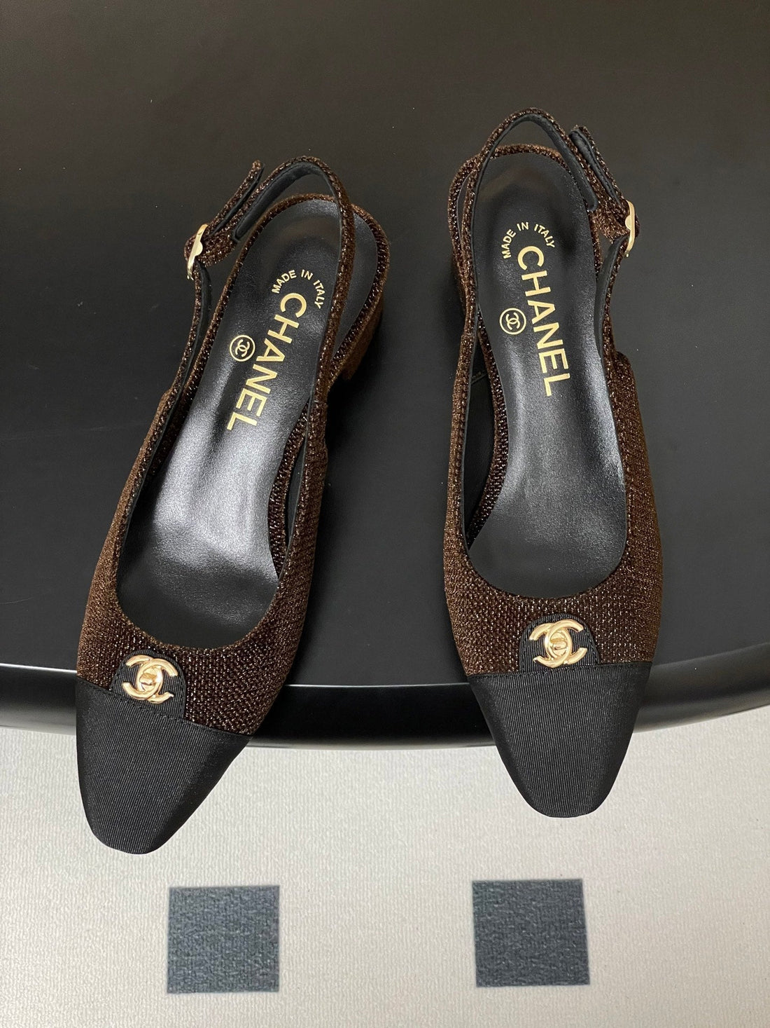 Chanel 25 Slingback Black Brown Lambskin Fabric 473210
