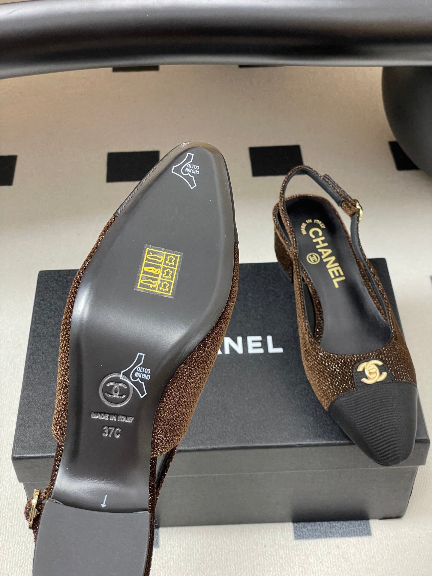 Chanel 25 Slingback Black Brown Lambskin Fabric 473210