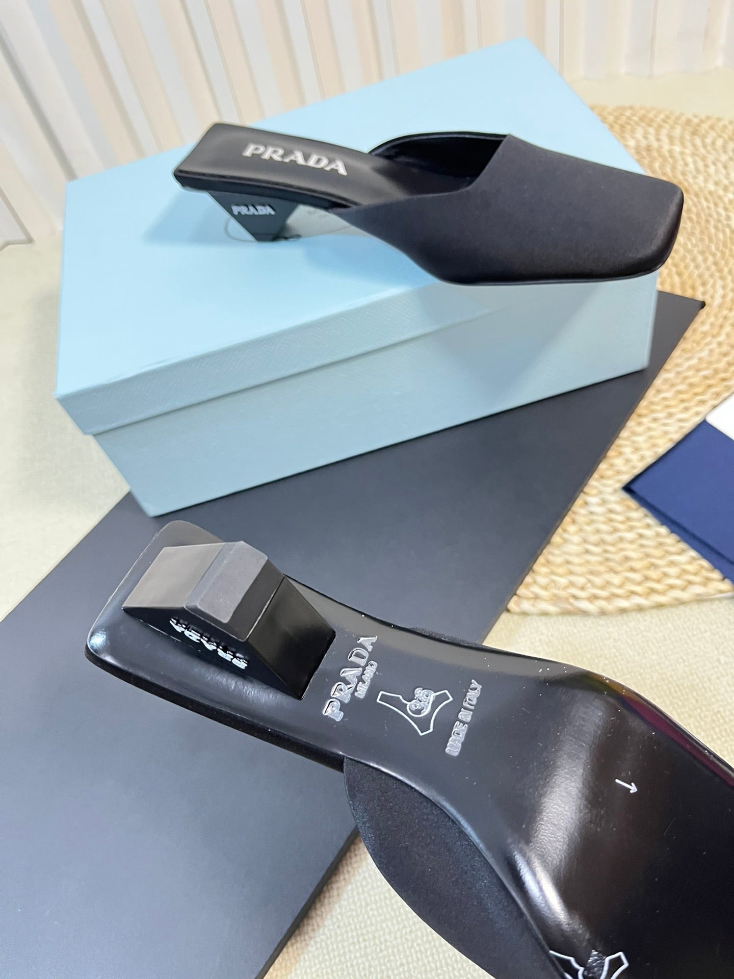 PRA SQUARE TOE MULES BLACK SATIN