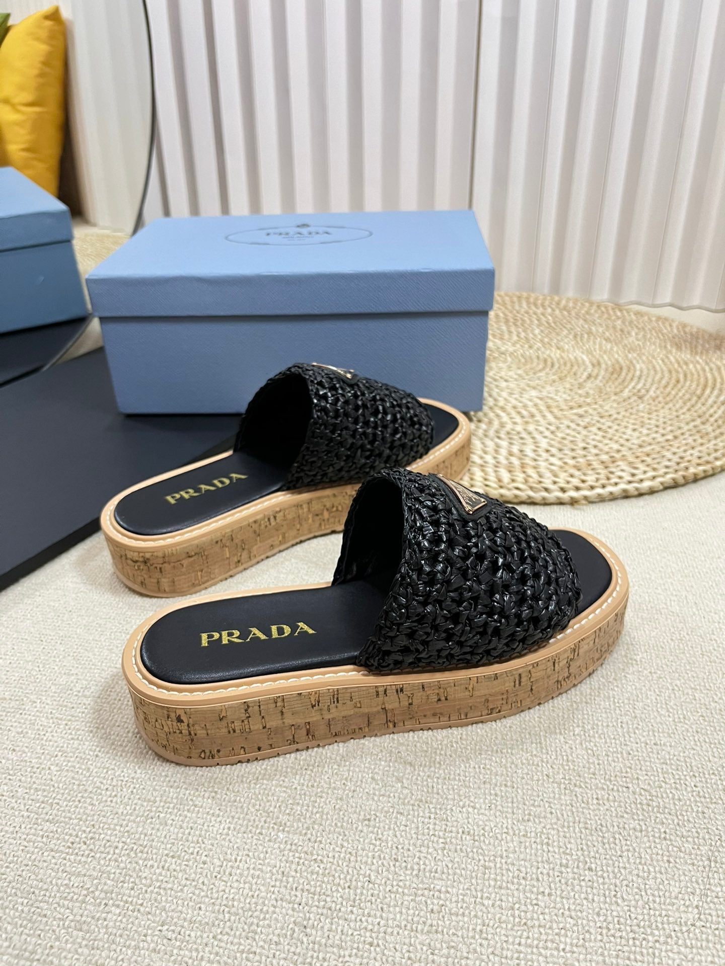 PRA WEDGE FLATFORM SLIDES BLACK RAFFIA