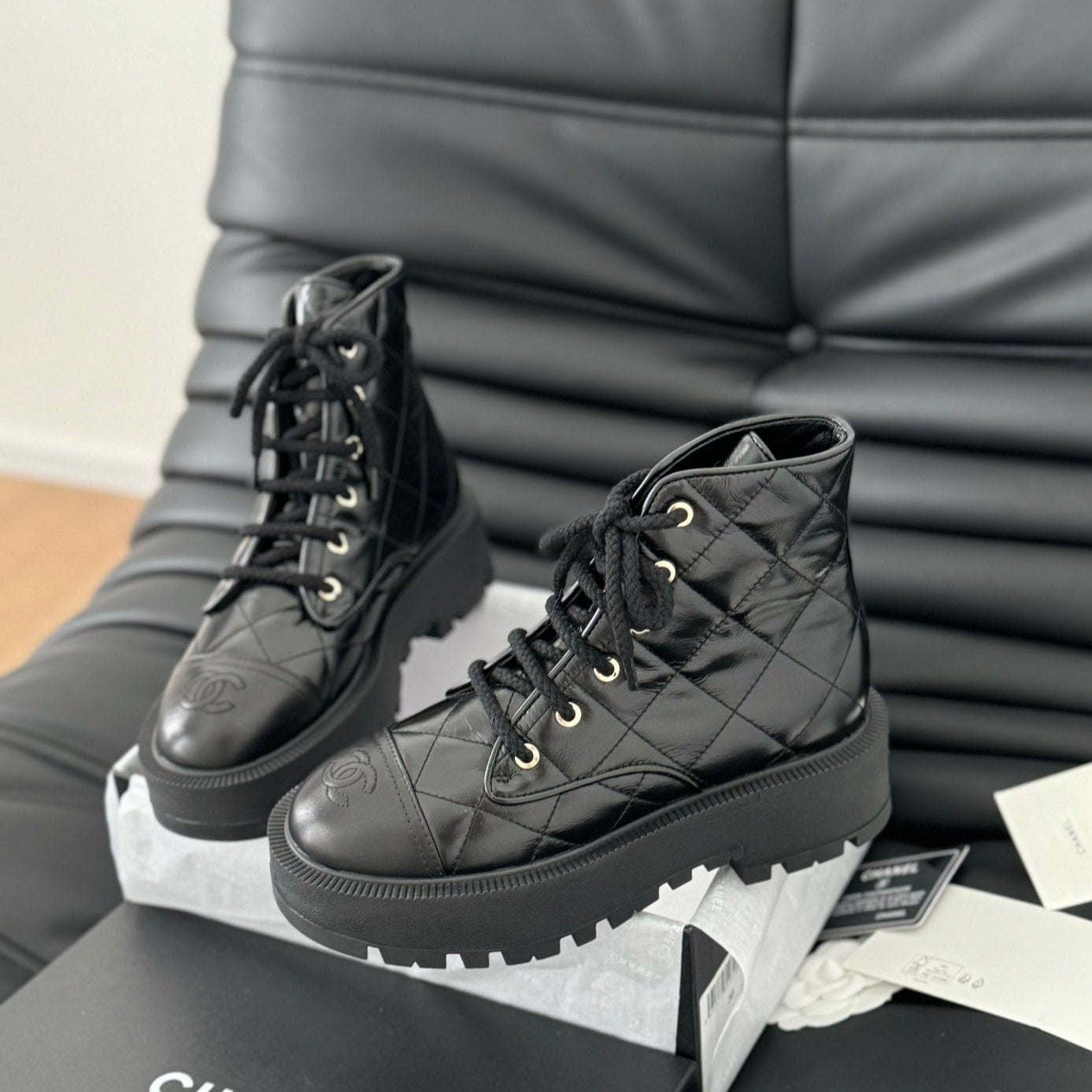 cc ankle boots black quilted patent lambskin