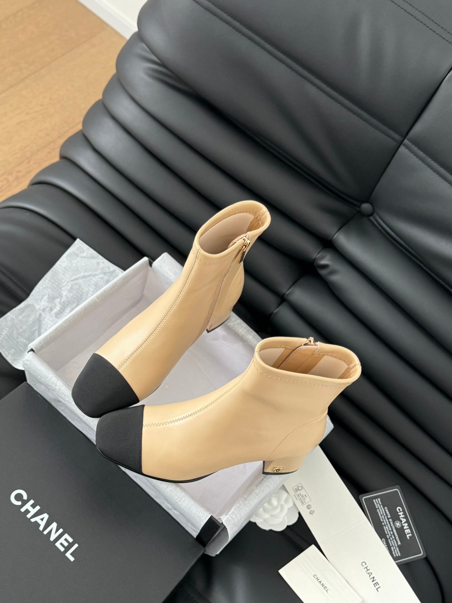 CC Ankle Boot Beige Calfskin Black Grosgrain
