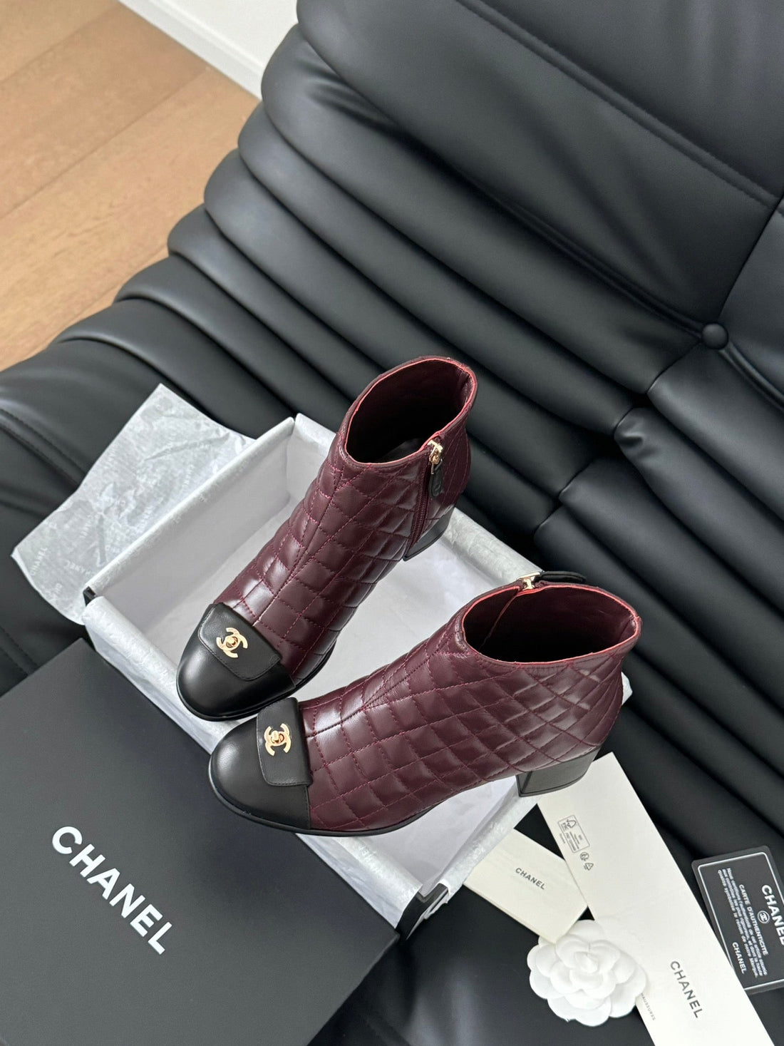 CC SHORT BOOTS 65 MM IN SANGRIA PURPLE MIX BLACK QUILTED PATTERN LAMBSKIN