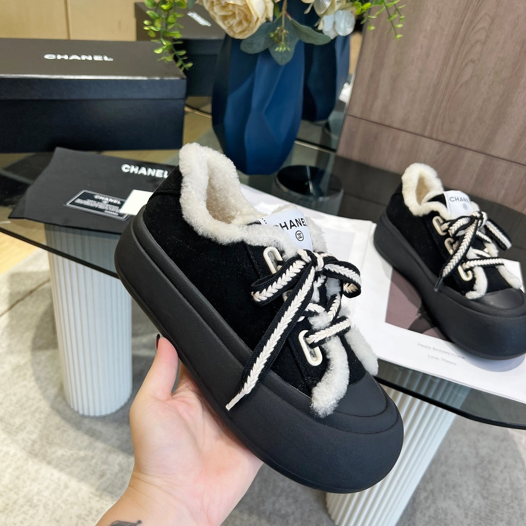 CC Sneaker Thick-Soled Black Suede Wool Lining Fleece