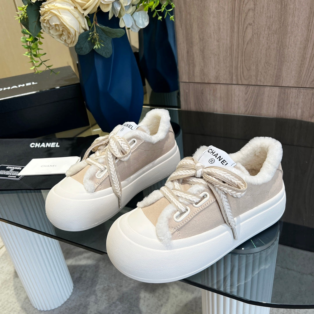 CC Sneaker Thick-Soled Beige Suede Wool Lining Fleece