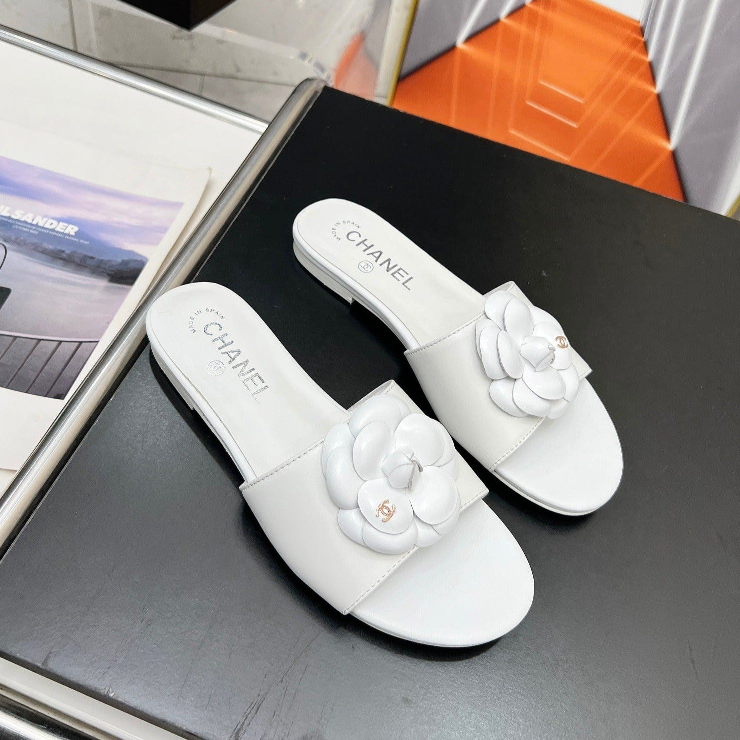mule sandal flower white calfskin