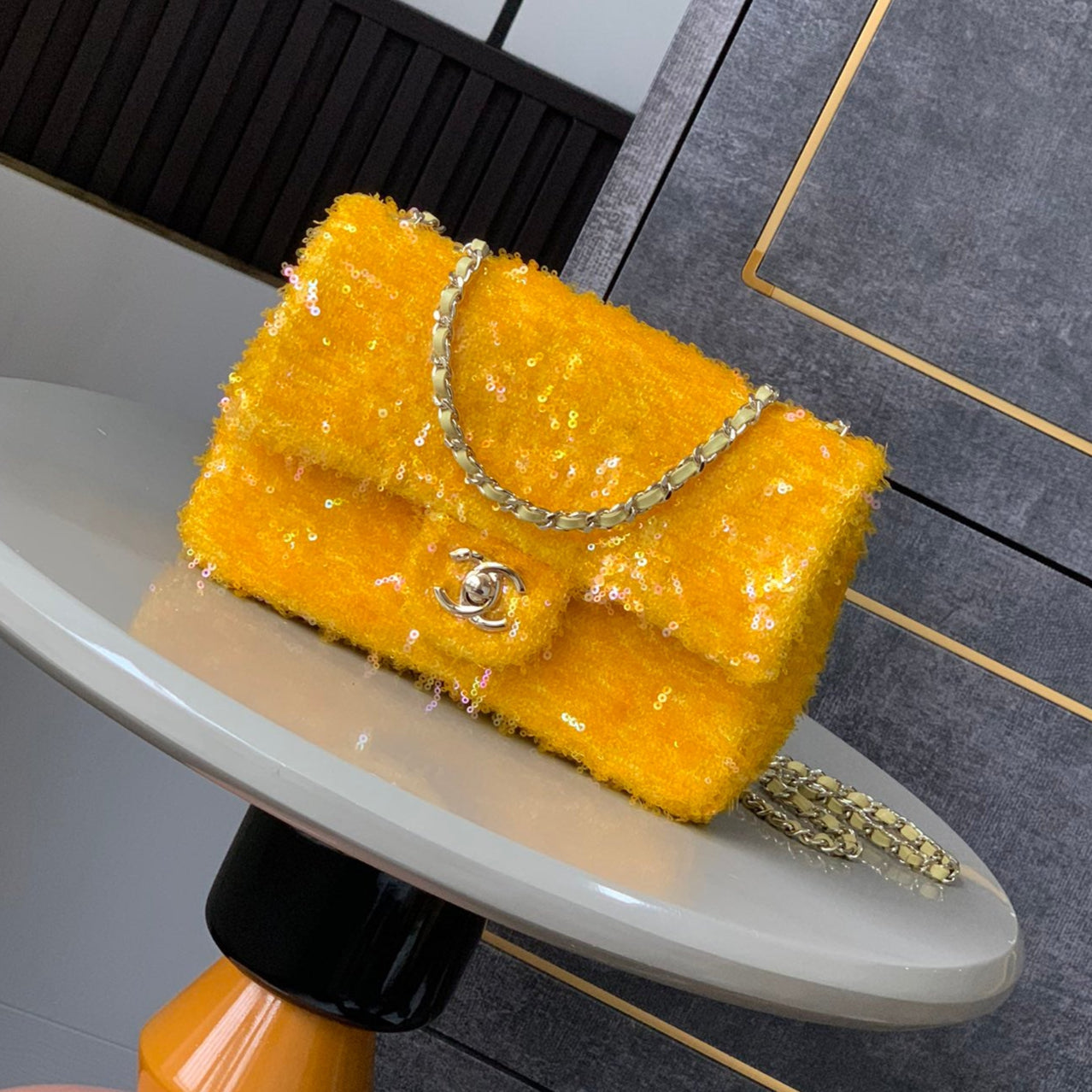 CC 25S Flap Bag 20cm Yellow Fringed Sequin Calfskin