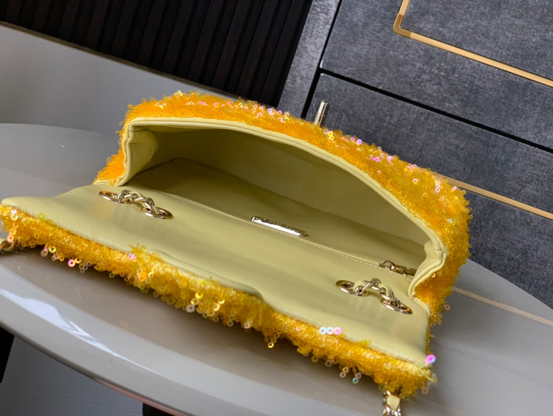 CC 25S Flap Bag 20cm Yellow Fringed Sequin Calfskin