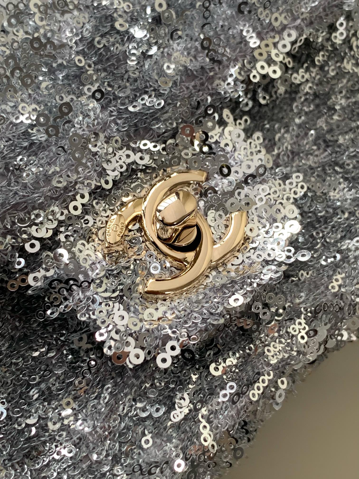 CC 25S Flap Bag 20cm Grey Fringed Sequin Calfskin