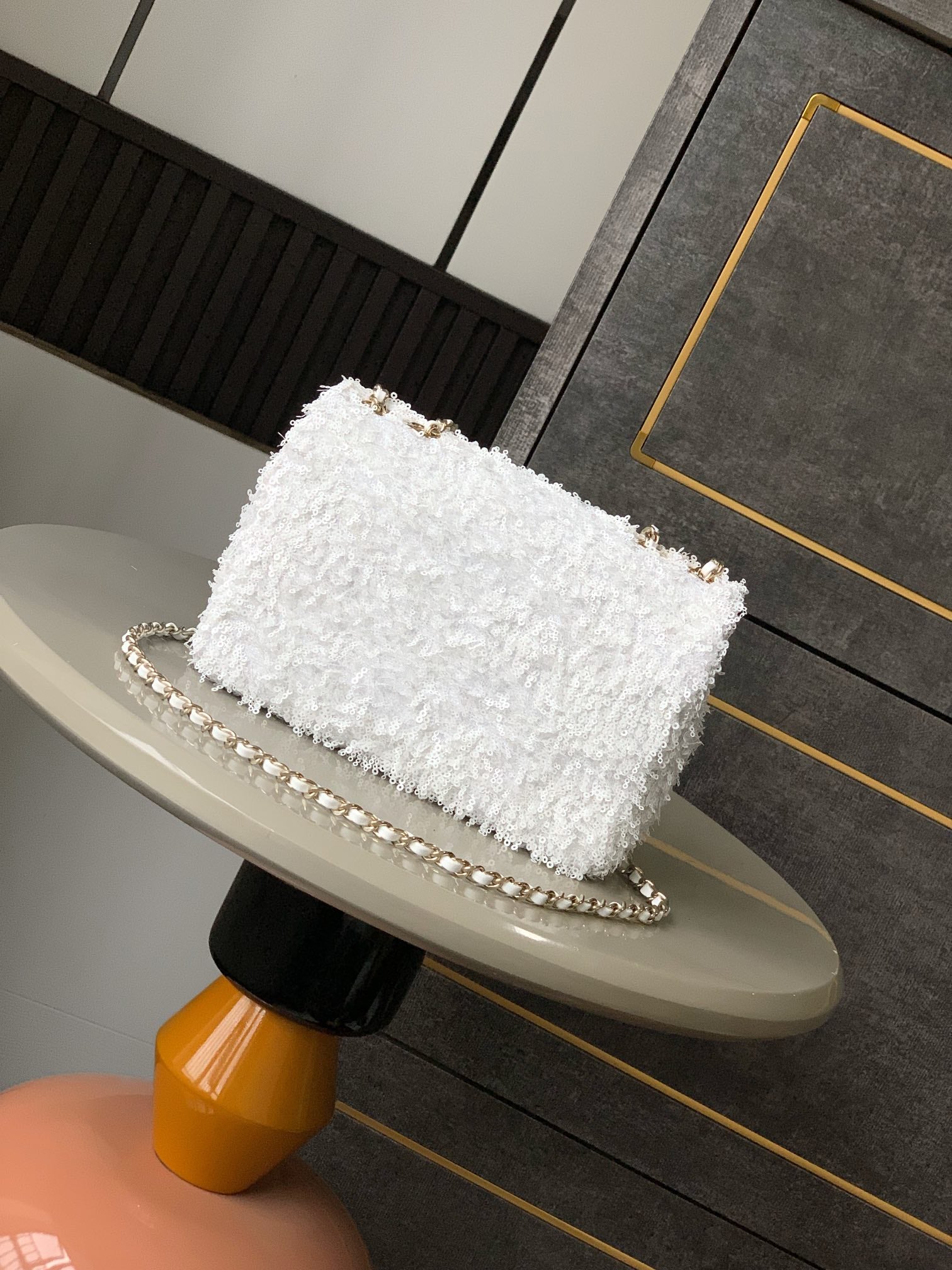 CC 25S Flap Bag 20cm White Fringed Sequin Calfskin