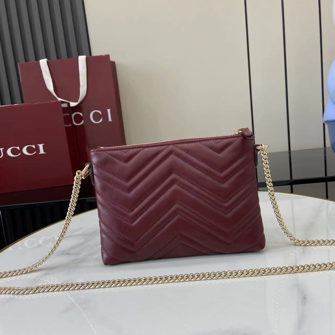 Gucci 25 Marmont Pochette With Chain Rosso Ancora Red Cowhide 294894