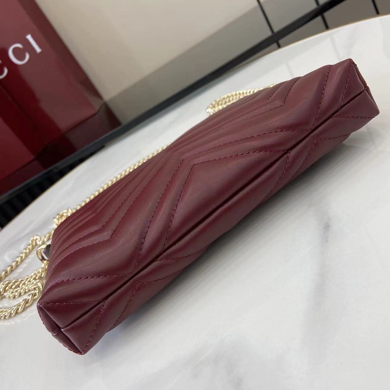Gucci 25 Marmont Pochette With Chain Rosso Ancora Red Cowhide 294894