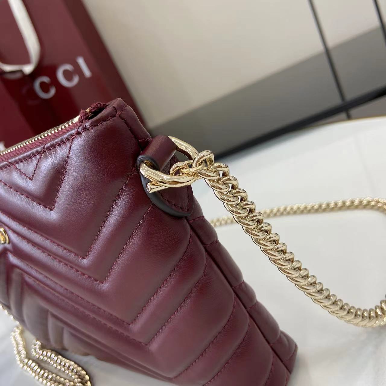 Gucci 25 Marmont Pochette With Chain Rosso Ancora Red Cowhide 294894
