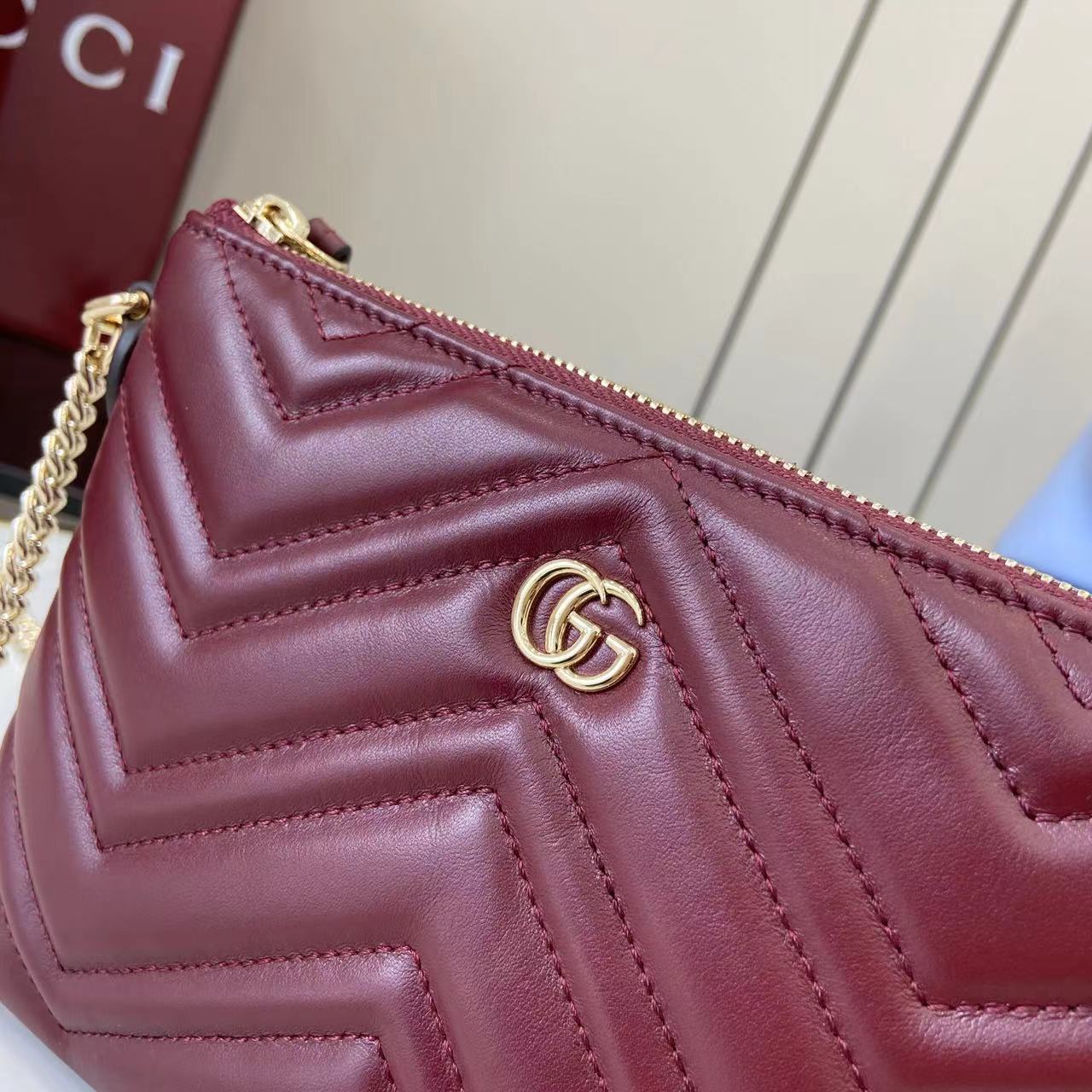 Gucci 25 Marmont Pochette With Chain Rosso Ancora Red Cowhide 294894