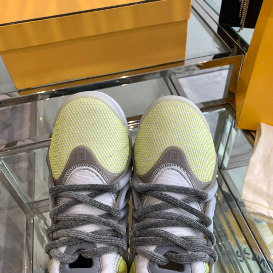 FENDI TAG SNEAKER IN NEON YELLOW MIX GREY MESH AND RUBBER