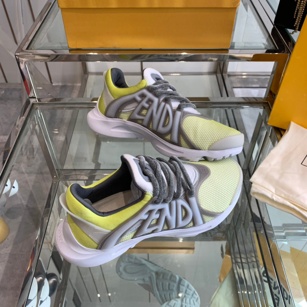 FENDI TAG SNEAKER IN NEON YELLOW MIX GREY MESH AND RUBBER