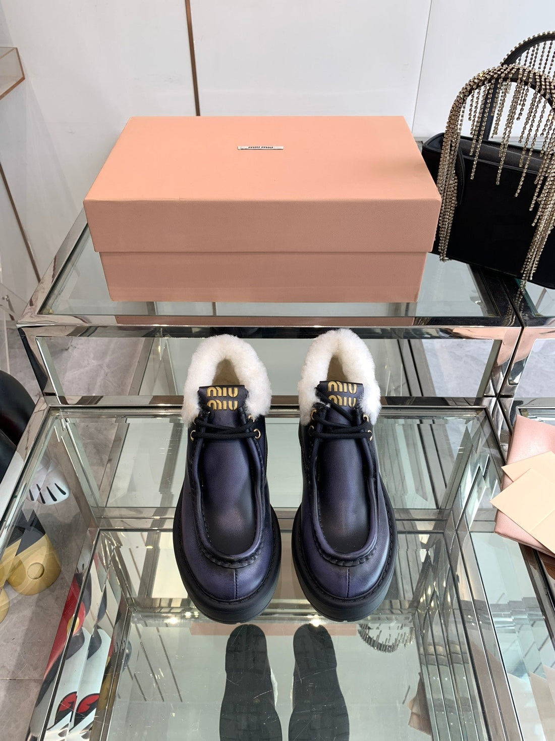 Miu Short Wool Boots Plain Dark Charcoal Open-Hemmed Cowhide