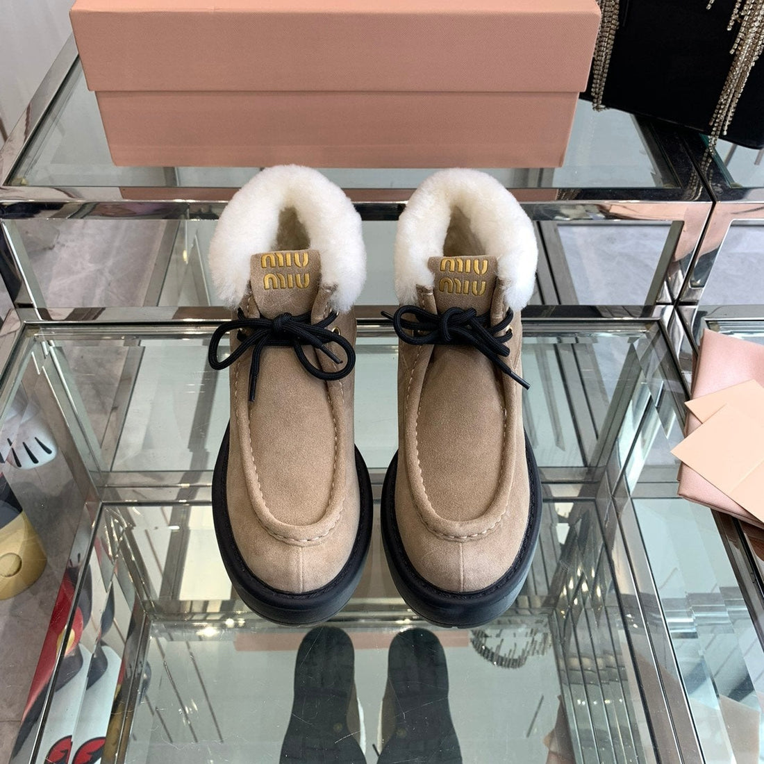 Miu Short Wool Boots Khaki Brown Open-Hemmed Cowhide