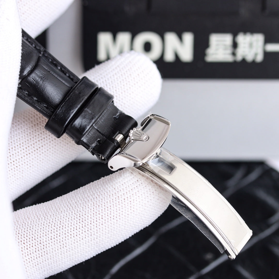 Rolex Cellini 39mm Silver Black Leather