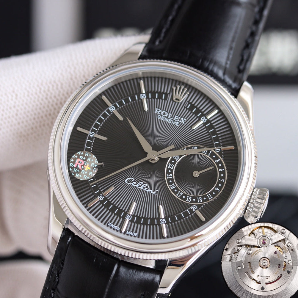 Rolex Cellini 39mm Silver Black Leather