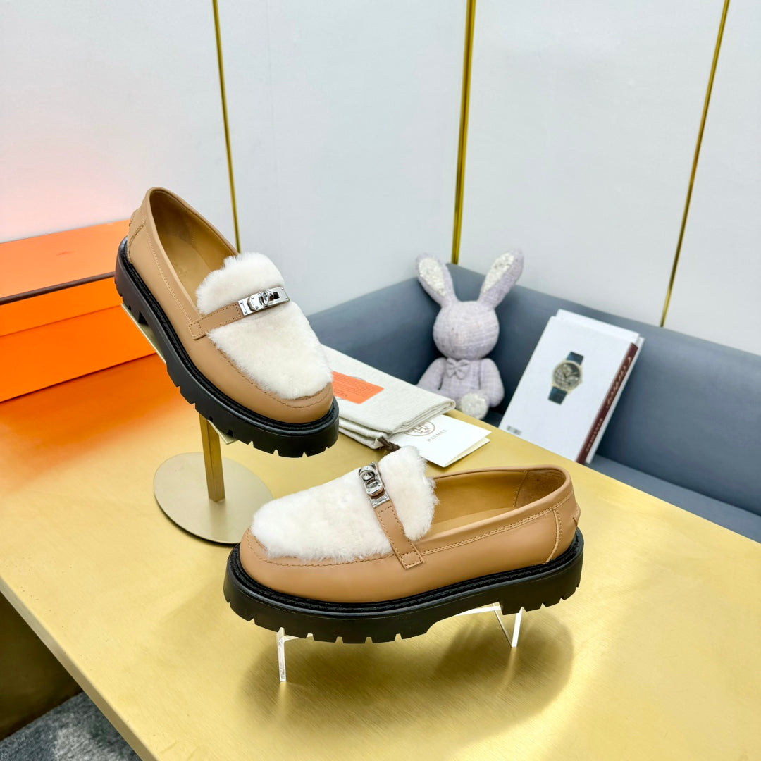 HM Icone Loafer White Shearling Brown Clalfskin