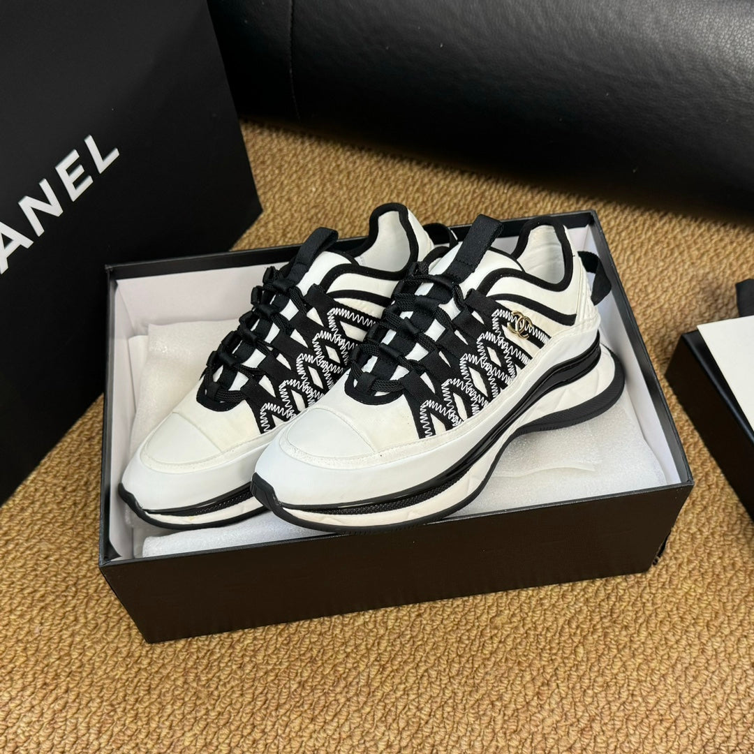 CC Sneaker White Mix Black Calfskin And Silk Parachute Fabric 947510