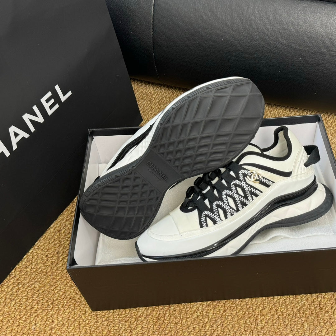 CC Sneaker White Mix Black Calfskin And Silk Parachute Fabric 947510