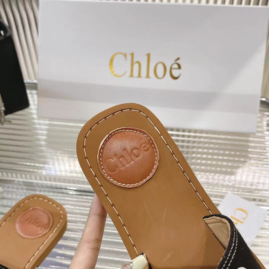 CHLOE WOODY MULE IN BLACK DENIM WITH WHITE LOGO