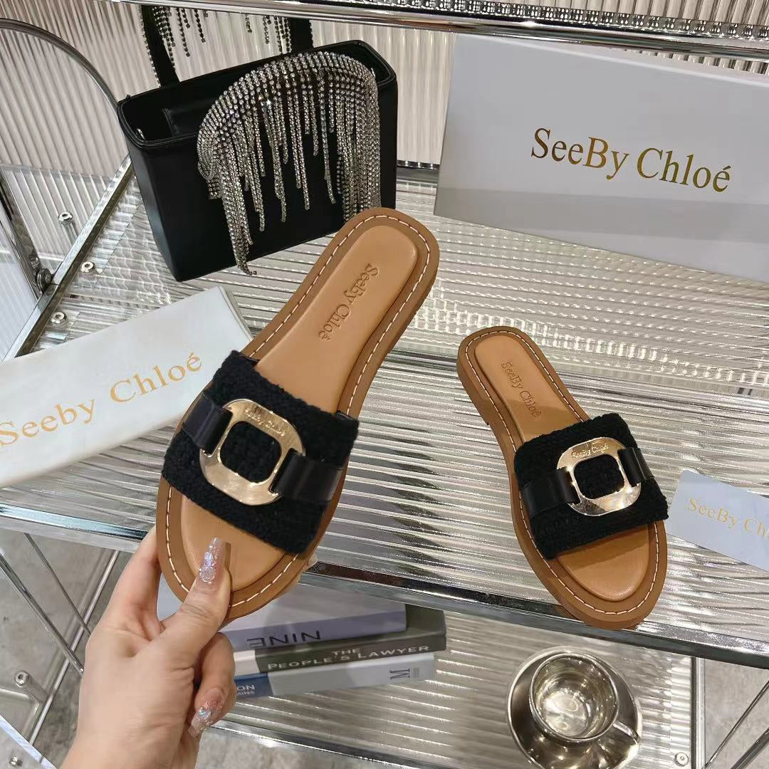 CHLOE WOVEN SLIDE MULE IN BLACK WOOL AND BROWN LAMBSKIN GOLD HARDWARE