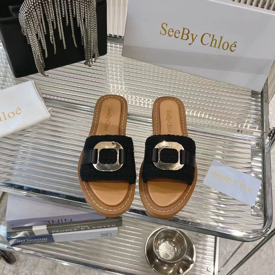 CHLOE WOVEN SLIDE MULE IN BLACK WOOL AND BROWN LAMBSKIN GOLD HARDWARE