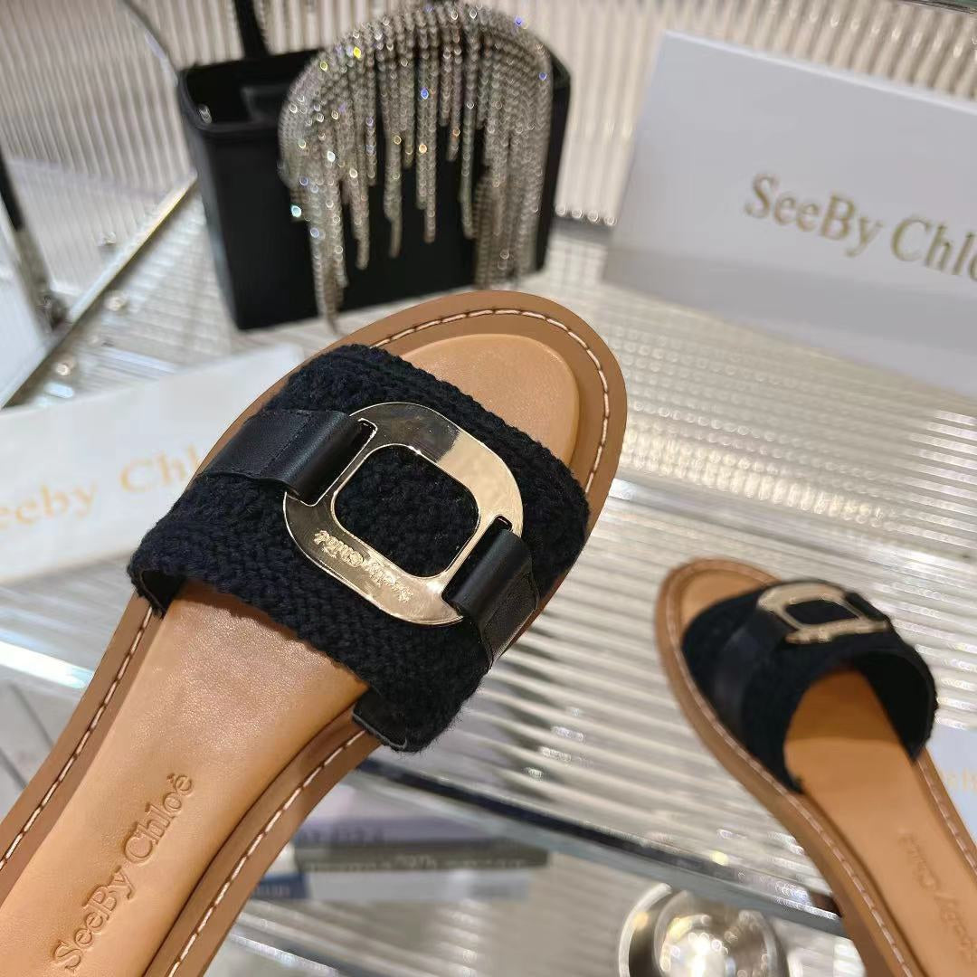 CHLOE WOVEN SLIDE MULE IN BLACK WOOL AND BROWN LAMBSKIN GOLD HARDWARE