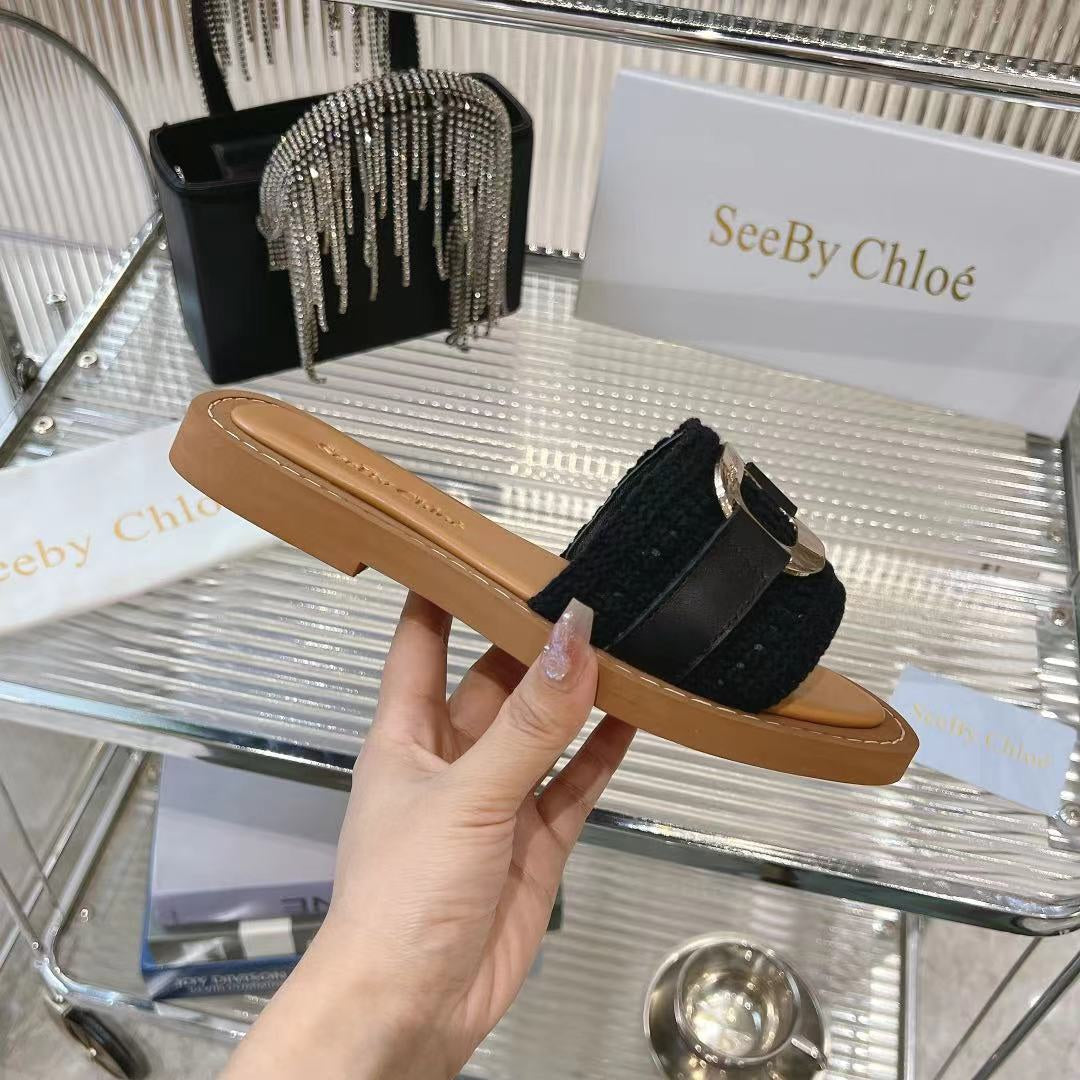CHLOE WOVEN SLIDE MULE IN BLACK WOOL AND BROWN LAMBSKIN GOLD HARDWARE