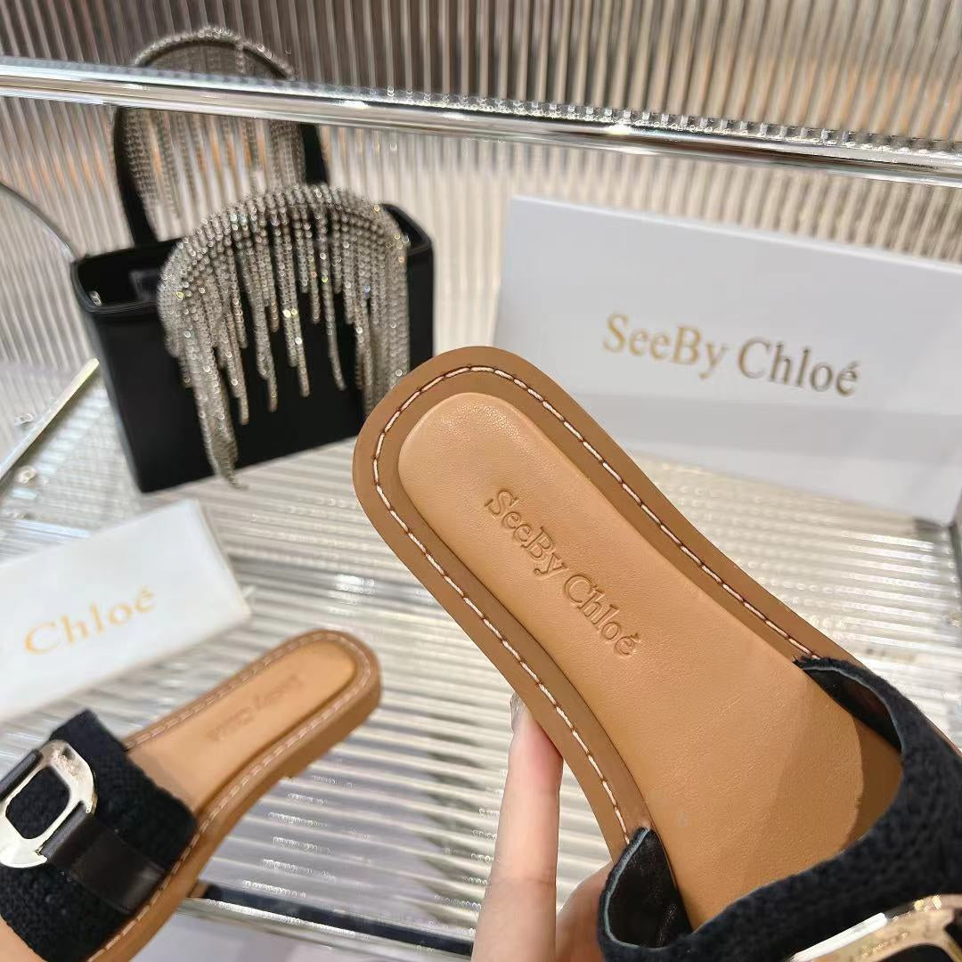 CHLOE WOVEN SLIDE MULE IN BLACK WOOL AND BROWN LAMBSKIN GOLD HARDWARE