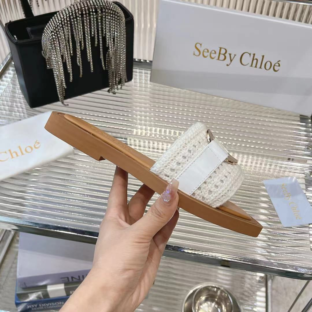 CHLOE WOVEN SLIDE MULE IN WHITE WOOL AND BROWN LAMBSKIN GOLD HARDWARE