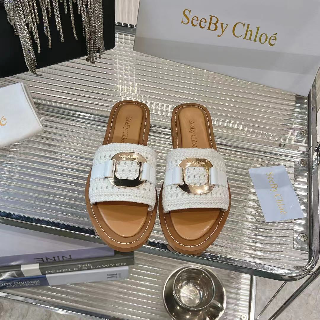CHLOE WOVEN SLIDE MULE IN WHITE WOOL AND BROWN LAMBSKIN GOLD HARDWARE