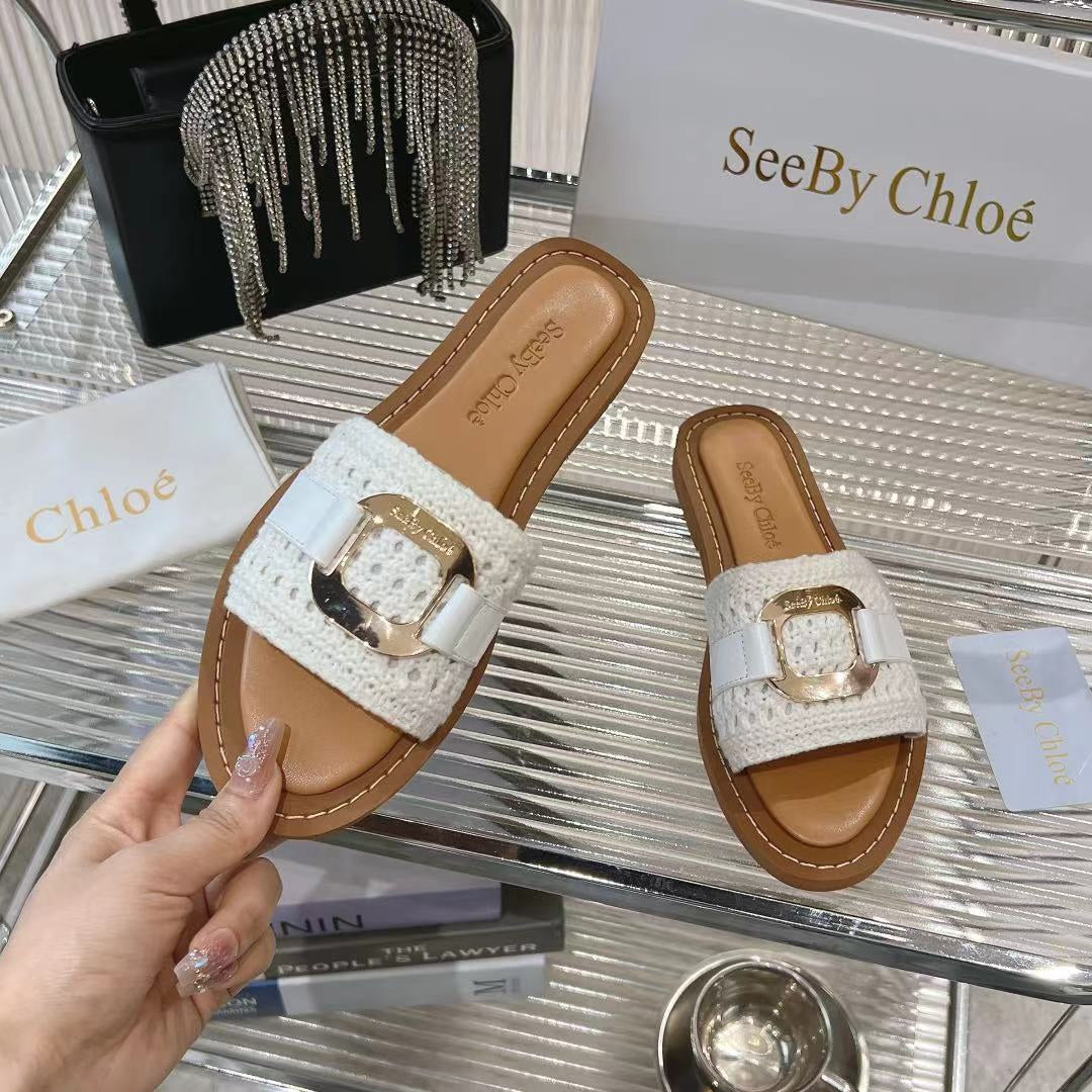 CHLOE WOVEN SLIDE MULE IN WHITE WOOL AND BROWN LAMBSKIN GOLD HARDWARE