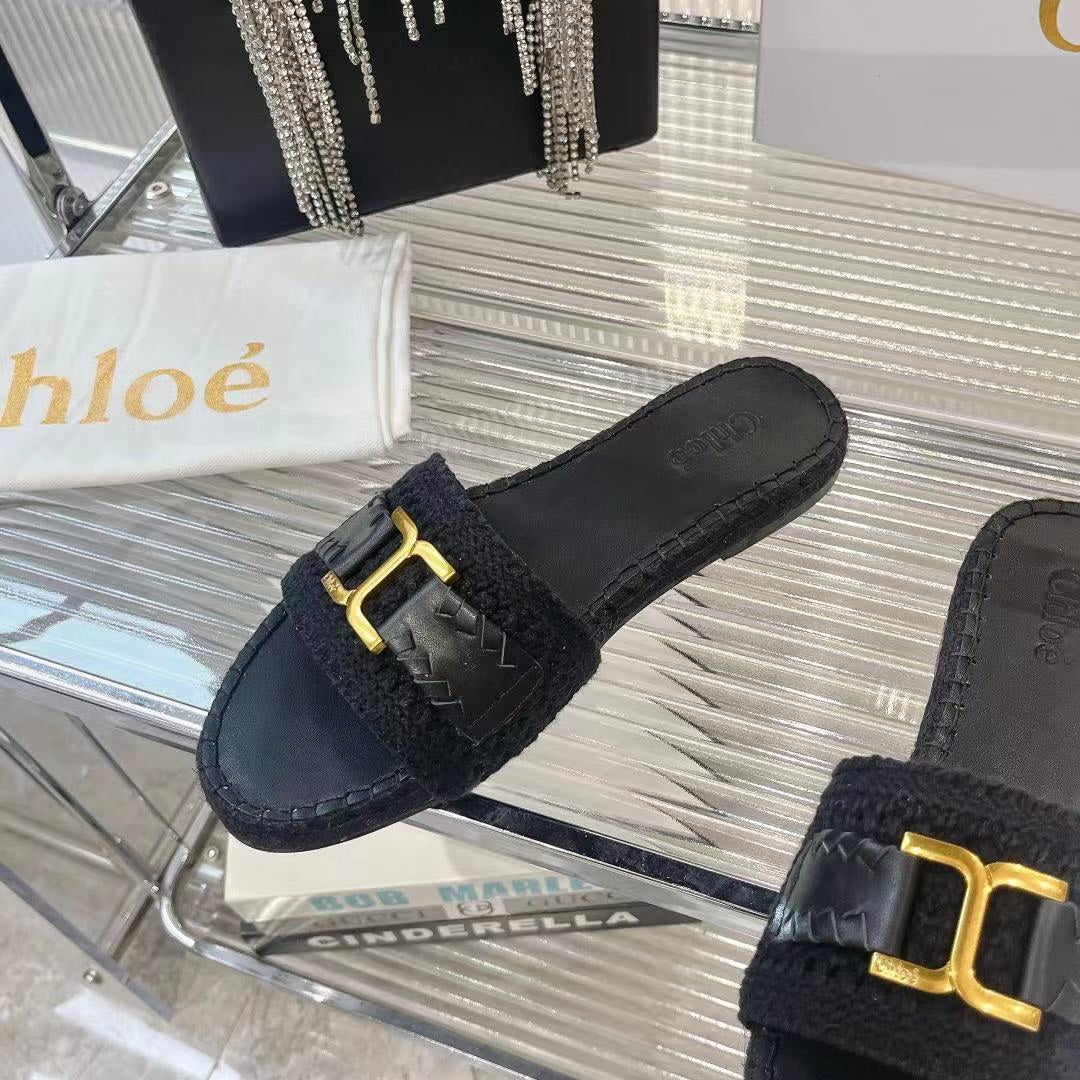CHLOE WOVEN SLIPPER IN BLACK WOOL AND LAMBSKIN GOLD HARDWARE