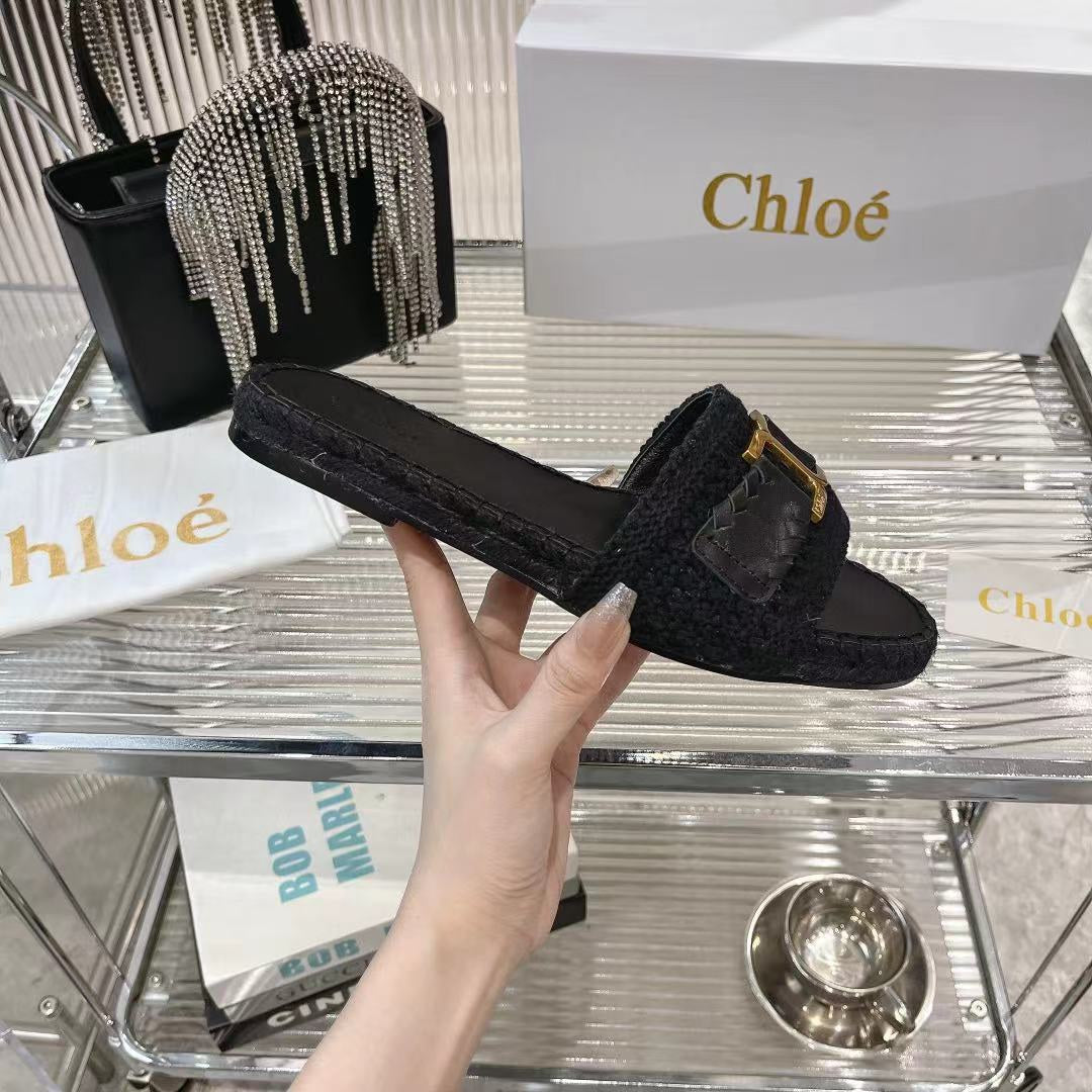 CHLOE WOVEN SLIPPER IN BLACK WOOL AND LAMBSKIN GOLD HARDWARE